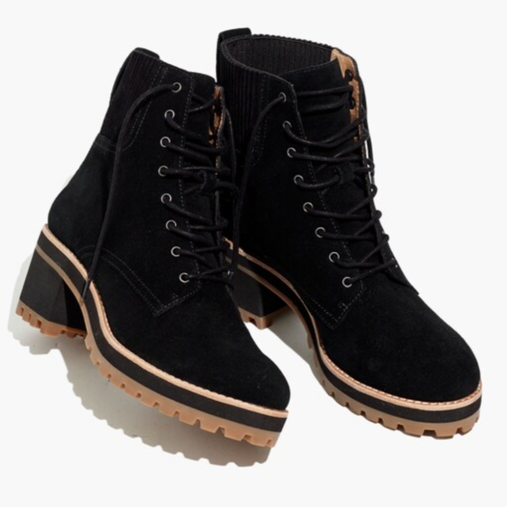 Madewell Black Suede Lug Sole Combat Boots with Tan Trim